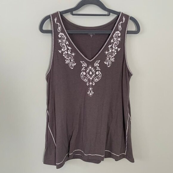 Garnet Hill embroidered cotton blend sleeveless flowy casual tank top - Picture 1 of 8